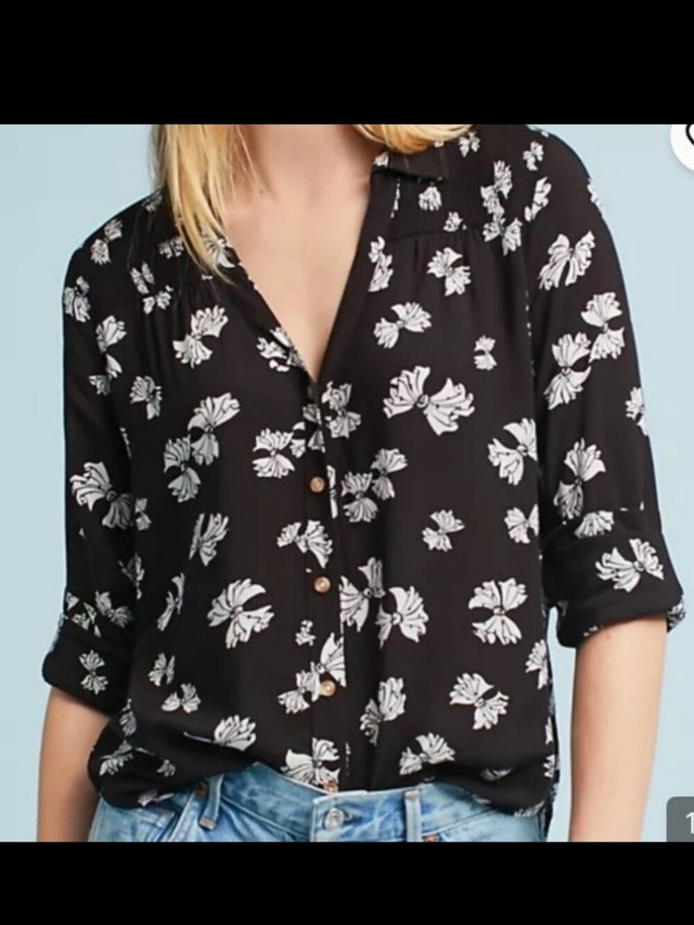 Anthropologie Maeve Emory Black Button-Down Blouse White Floral 10 MEDIUM